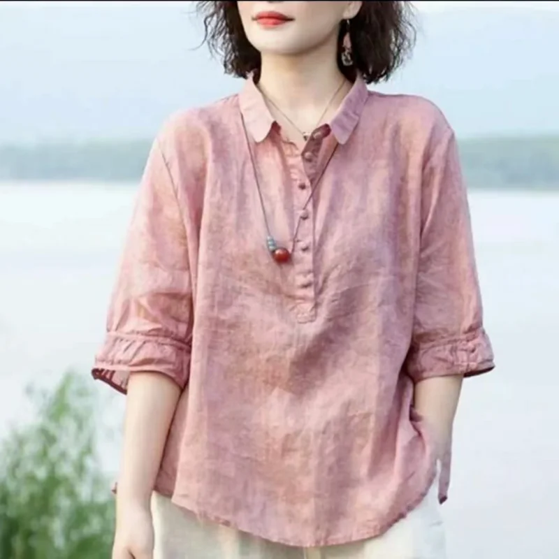 Summer New Korean Fashion Elegant Half Sleeve Thin Shirt Women's Solid Printed Lapel Button Patchwork Breathable Loose Top 2024