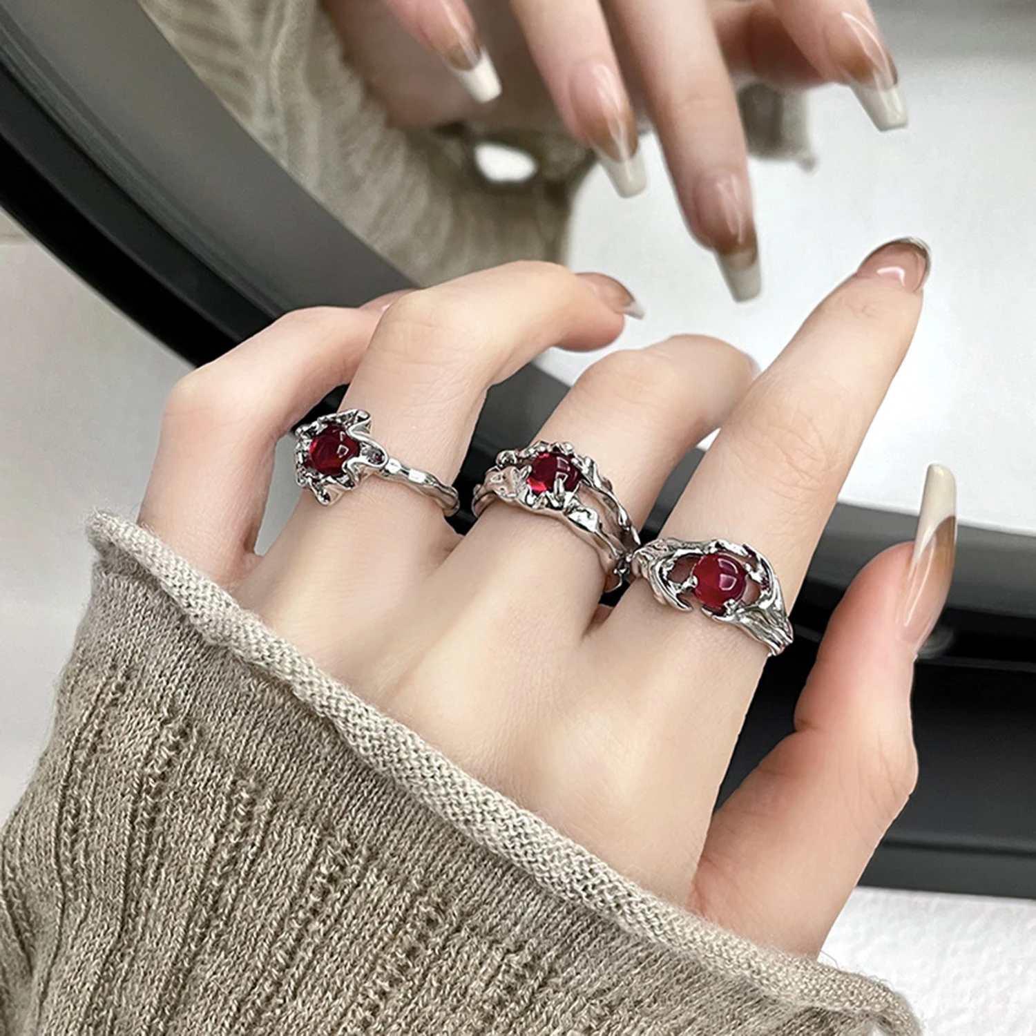 

Kpop Gothic Irregular Stone Rings Y2K Aesthetic Red Stone Ring For Women Egirl Vintage Punk Geometry Rings Jewelry Accessories