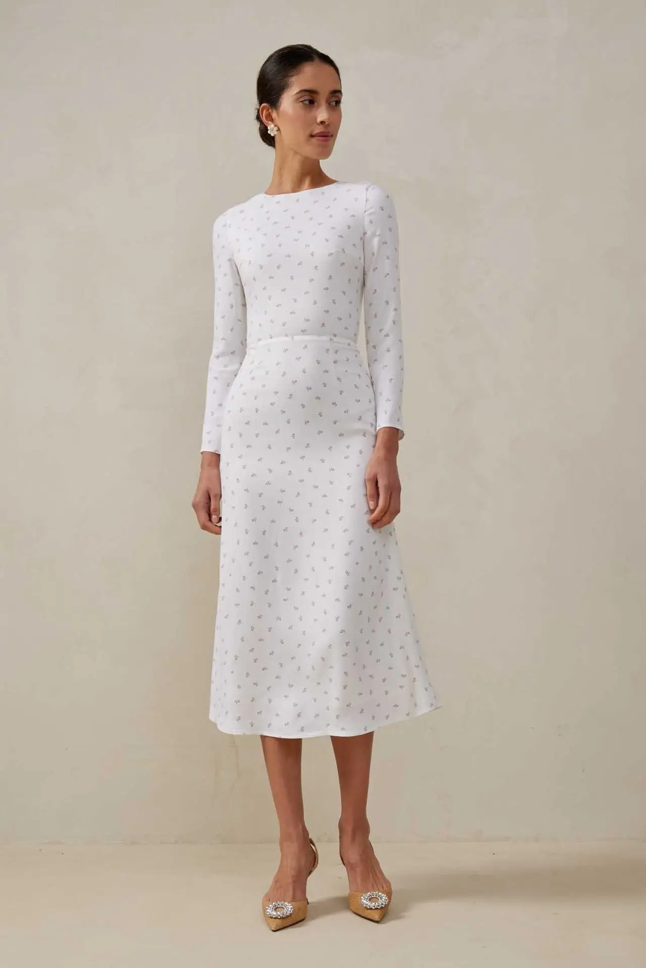 

Back zipper long sleeve o-neck ladies autumn slim long midi dress 2023 White flower print elegant dress