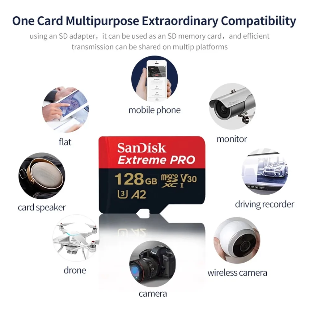 SanDisk 익스트림 프로 메모리 카드, 마이크로 SD 카드, SDXC, UHS-I, 512GB, 256GB, U3 V30, TF 플래시 카드, 카메라용 어댑터, DJI