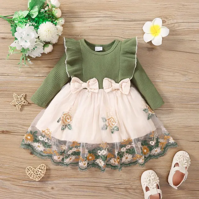 Baby girl spring and autumn style ruffle edge long sleeved patchwork flower mesh dress 1