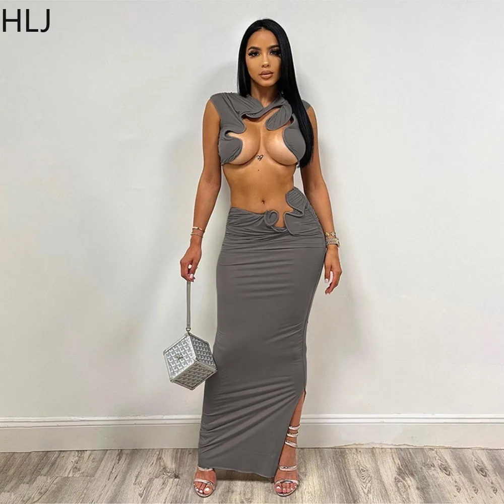 HLJ Sexy Hollow Out Fashion Design 2024 Party Outfits Women Crop Top Side Slit Bodycon Skirts Matching Sets Night Club Vestidos