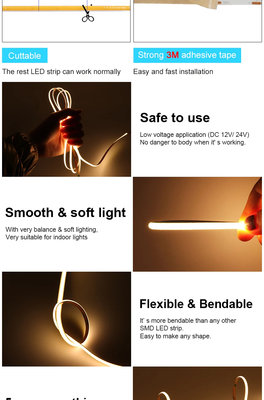 5M LED Strip Light 12V 24V COB LED Strip High Density Flexible Dimmable LED Tape Se1e79fbb236f4e0f80a7b986d270c0bcP