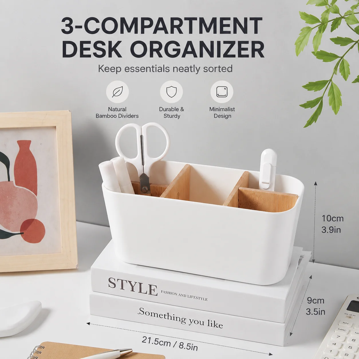 QA Minimalist Desk Organizer 3 Compartment Pen Holder with Wooden Dividers Office Storage Box for Pens Scissors Clips Home Offic 1
