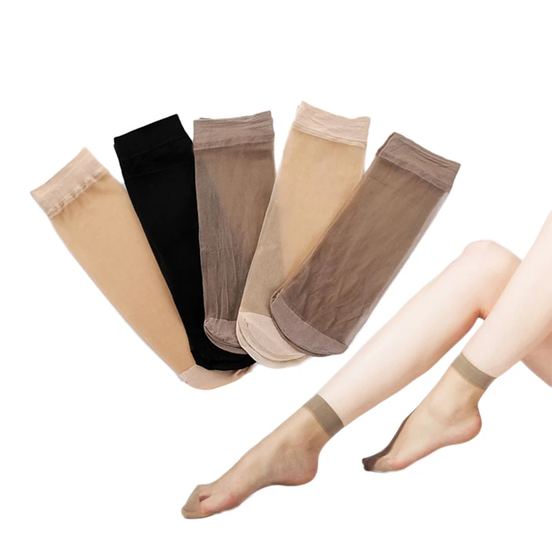 

5 Pairs Socks Women's Thin Crystal Silky Spring Summer Non-Slip Elastic Skin Color Transparent Ladies Female Short Ankle Socks