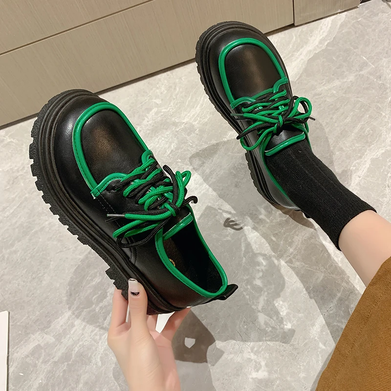 

2022 Spring New High-heeled Shoes British Style Small Leather Shoes Women's Leather Thick-soled Thick-heeled Green Single Shoes