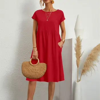 여성용 캐주얼 드레스, 빈티지 스타일, O-넥 단색, 편안한 무릎 길이, 포켓 포함, 여름