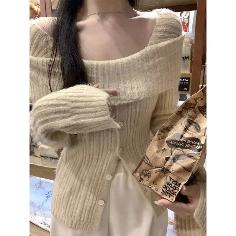 

DUOFAN Korean Fashion Off Shoulder Knitted Sweaters Women Autumn Long Sleeve Vintage Sexy Button Up Jumpers Aesthetic Clothes