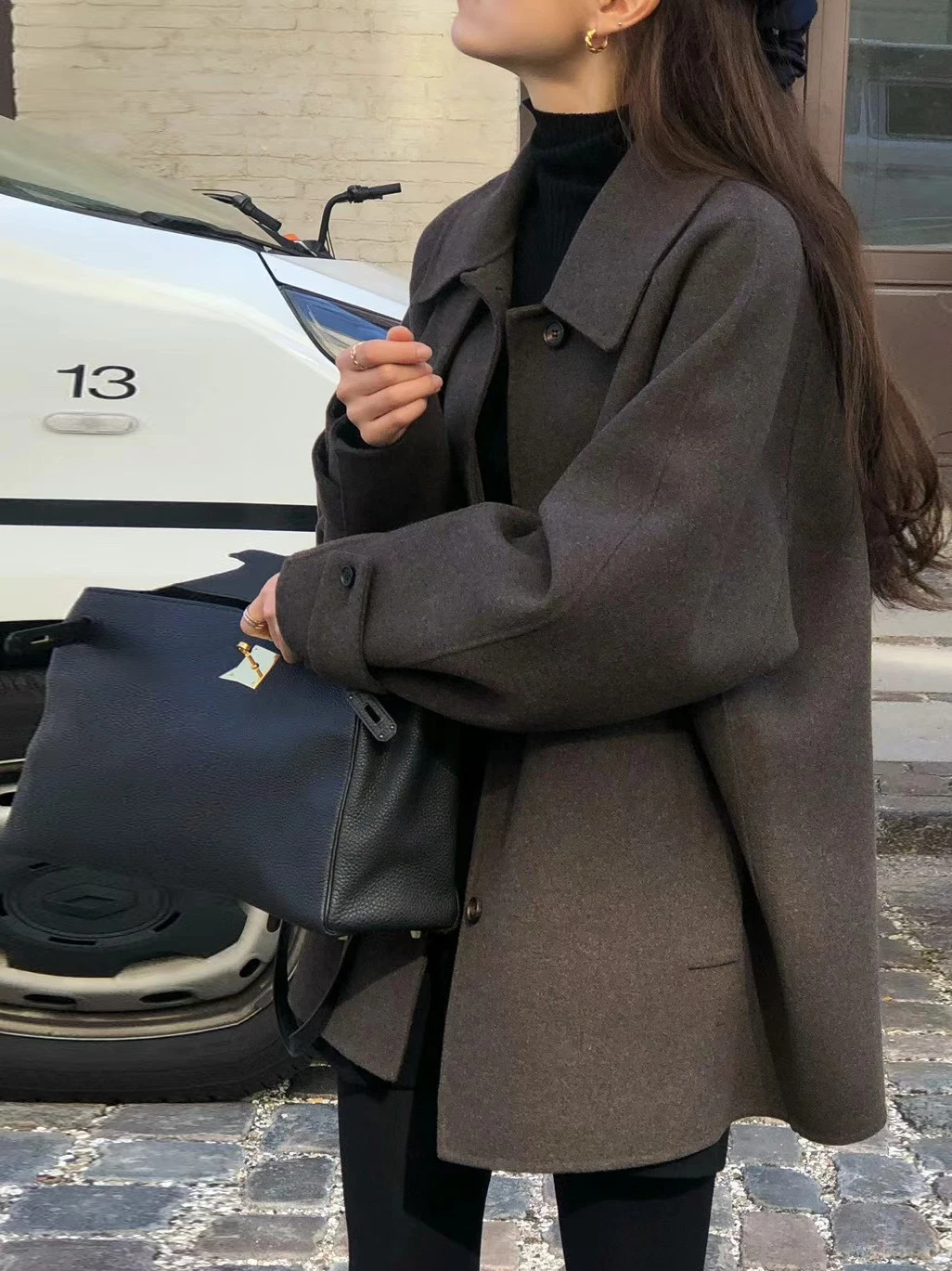 Ele Vintage Turn-down Collar Single-button Mid-length Woolen Coat Women's Autumn Winter New Sle High-ade Feeling Twee...