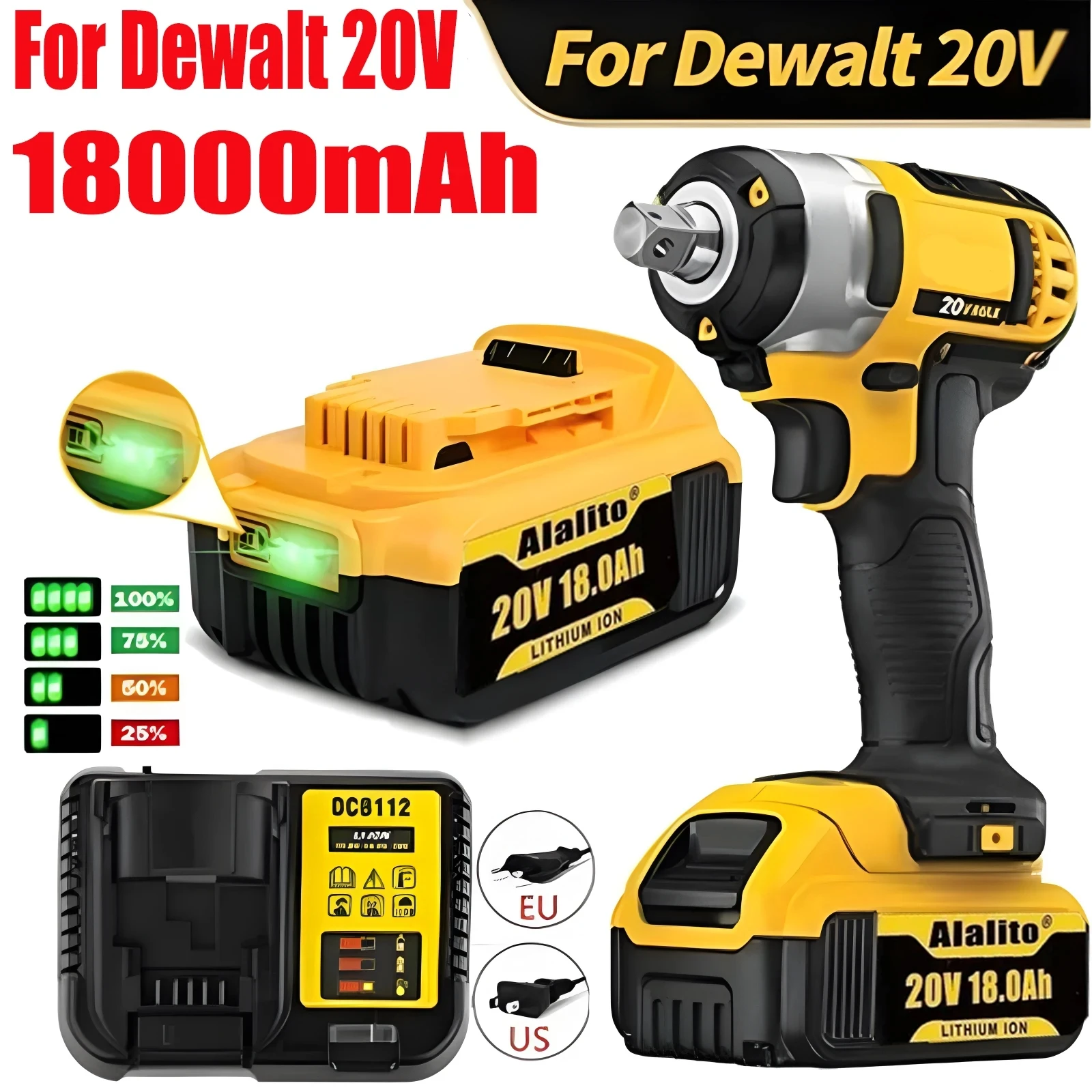 

20V 18000mAh DCB200 Replaceable Li-ion Battery Compatible for Dewalt 18V MAX Power Tools 18650 Lithium Batteries with charger