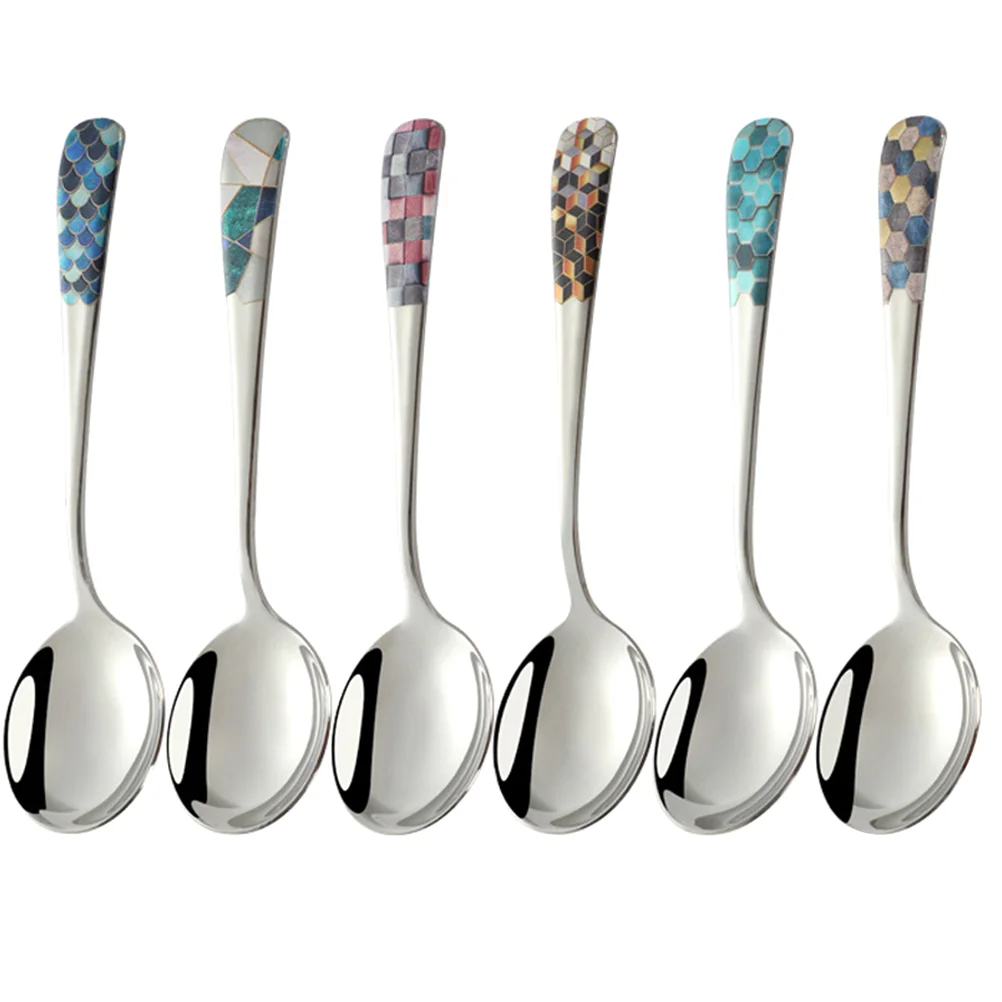 

6 Pcs Stainless Steel Round Spoon Soup Mixing Household Tea Spoons Scoops Metal