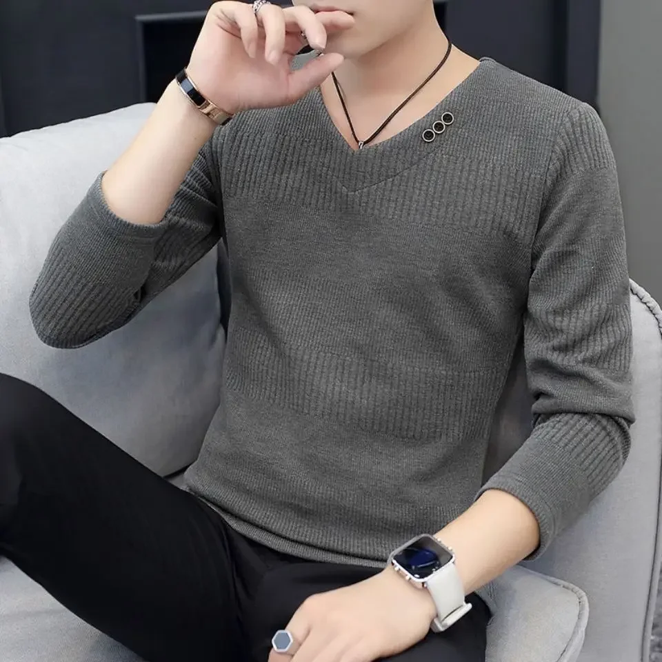 Black Knitted Sweaters for Men Fleeced V Neck Pullover Man Solid Color ...