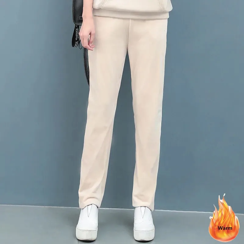 Thicken Winter Velvet Sweatpants Women's Casual Plus Velvet Warm Pantalon High Waist Korean Solid Pants Baggy Straight Trouser