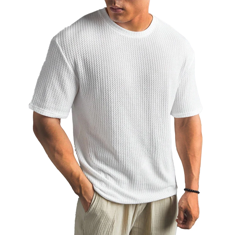 New Summer Waffle Round Neck Short Sleeved T-shirt for Men's Short Sleeved Top Oversized 12 Colors