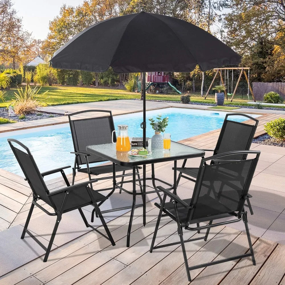 6 Piece Folding Patio Dining Set,Small Metal Outdoor Garden Patio Table and Chair Set w/Umbrella for Lawn,Deck,Backyard,Black