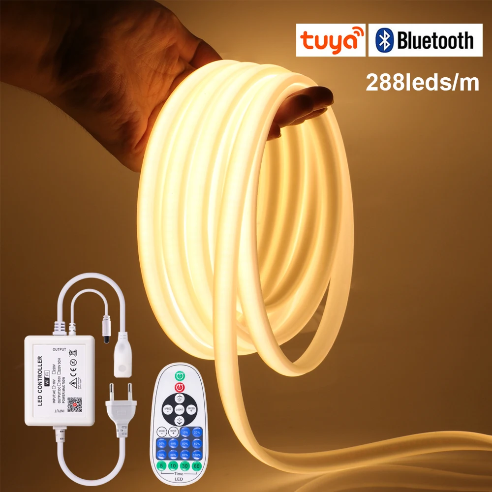 Tuya WIFI Bluetooth COB LED Strip 288leds/M EU 220V High Bright Neon Light RA90 Waterproof Garden Ribbon Tape Remote Control