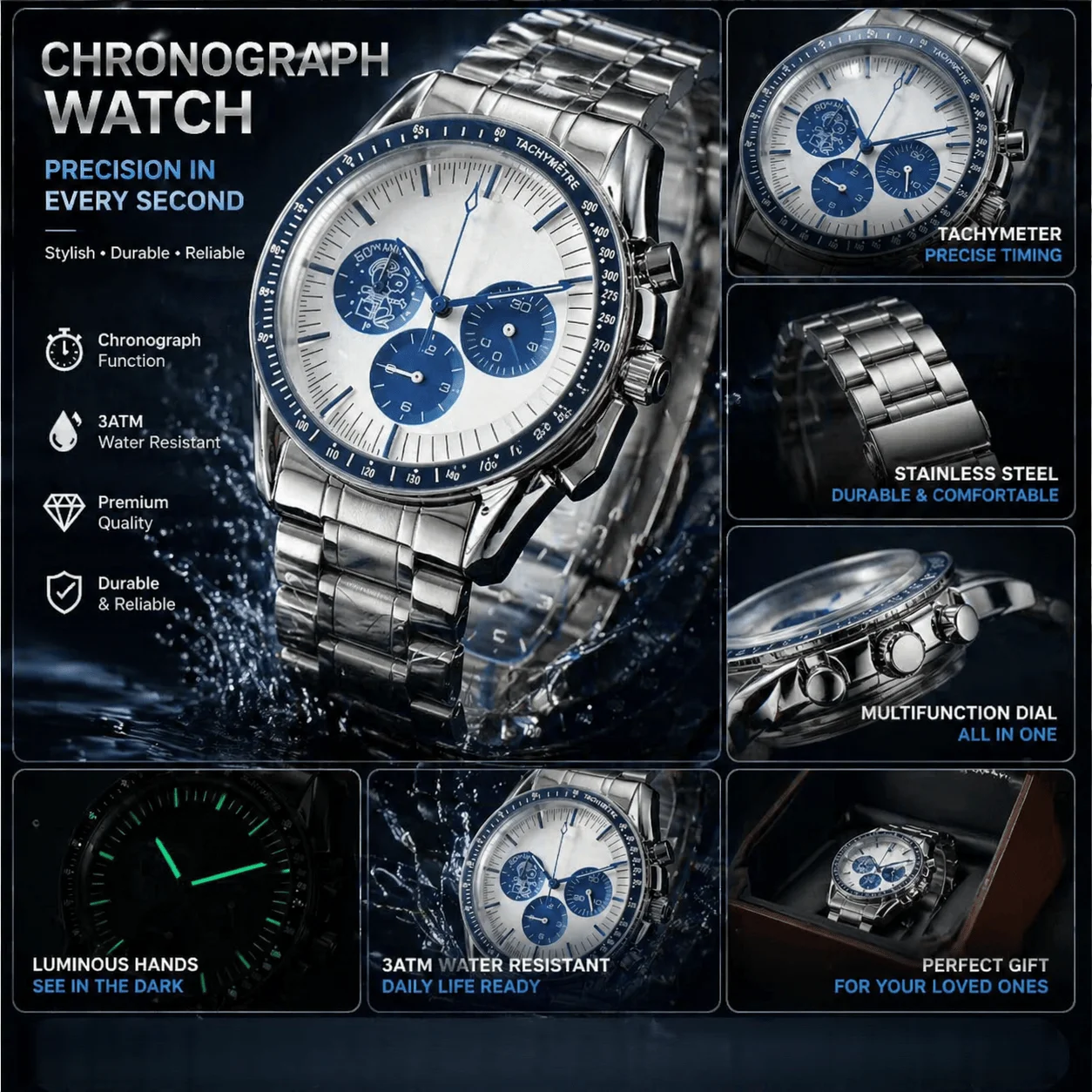 Luminous Calendar Luxury Men's Quartz Watch - Stainless Steel, Waterproof, Sporty Design