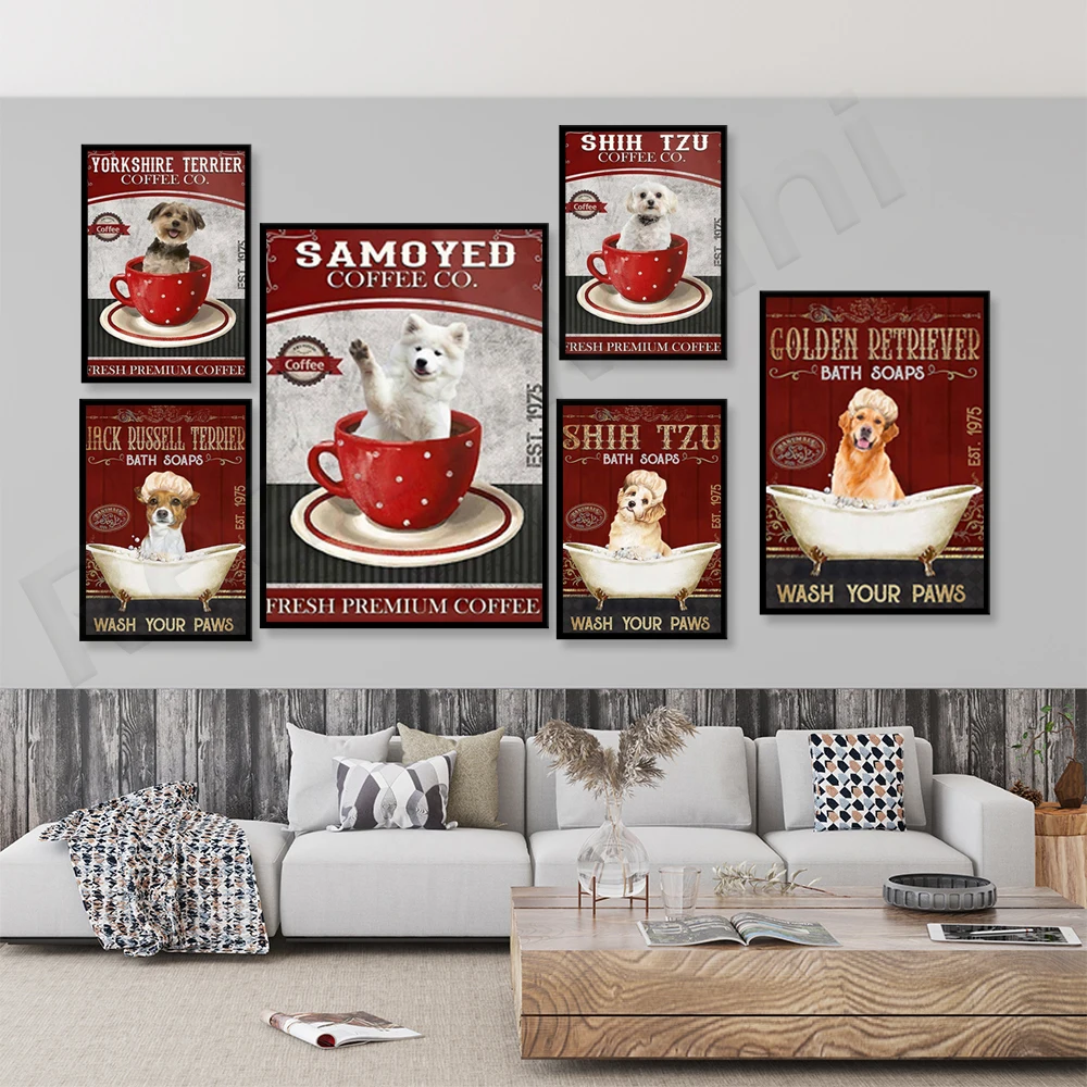 Shih Tzu, Yorkshire Terrier, Samoyed Coffee Company Poster, Golden Retriever, Dog Bath Soap Wash Your Paws Poster Dog Lover Gift