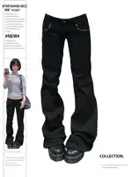 Women's Low Rise Jeans Black Flared Denim Pants Gyaru American Retro Korean Cyber Punk Trumpet Jeans Y2k Skinny Bell Bottom New