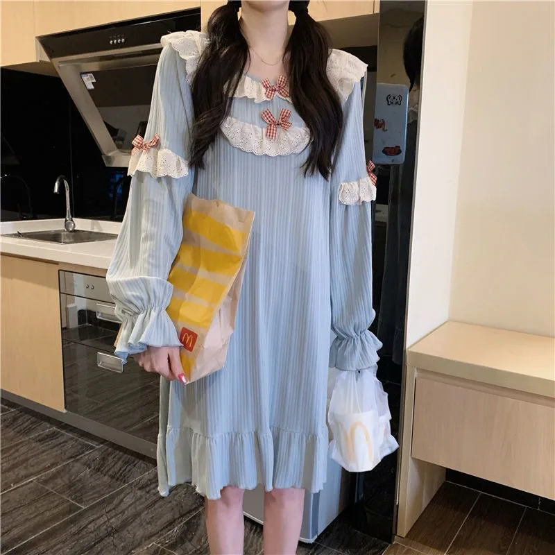 2024 New Women's Spring Autumn Korean Nightdress Loose Casual Student Sweet Sleepshirts Girls Long-sleeved Nightgowns Loungewear