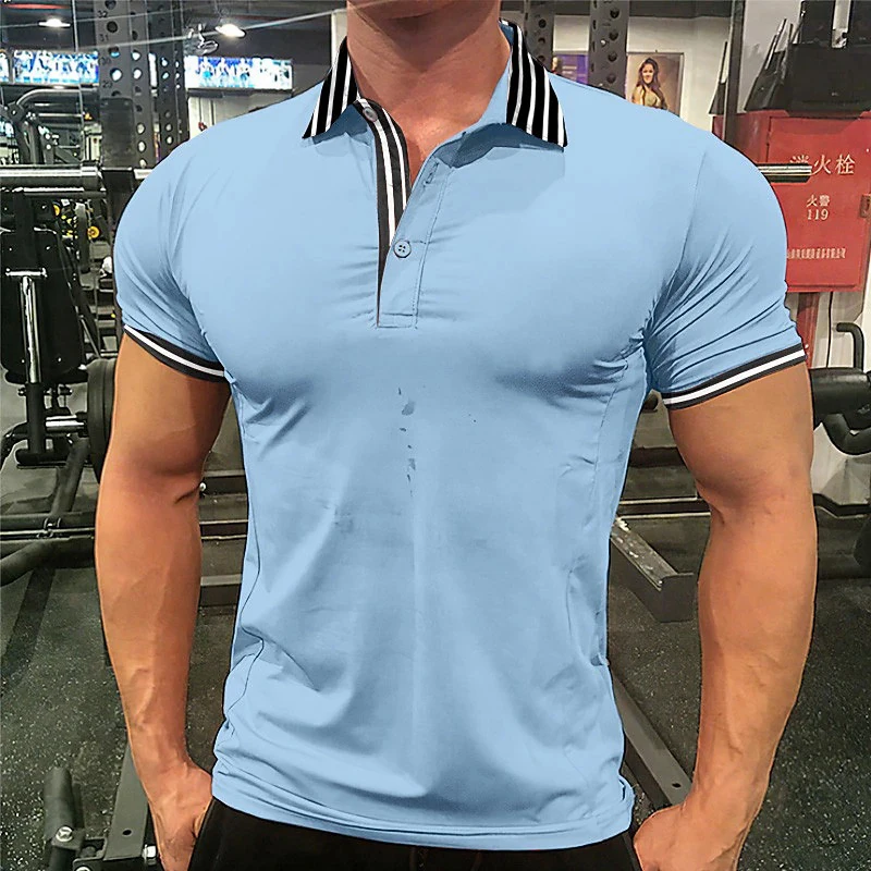 

Casual Striped Lapel Patchwork Mens Tops Summer Fashion Button Short Sleeve Polo Shirts Leisure Men Sports Training Slim T-shirt
