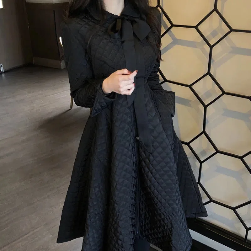 

Autumn Winter Light Cotton Jacket Women Knee Coat Down Cotton Jacket Waist Closing A-Line Large Hem Cotton Gown Long Skirt M509