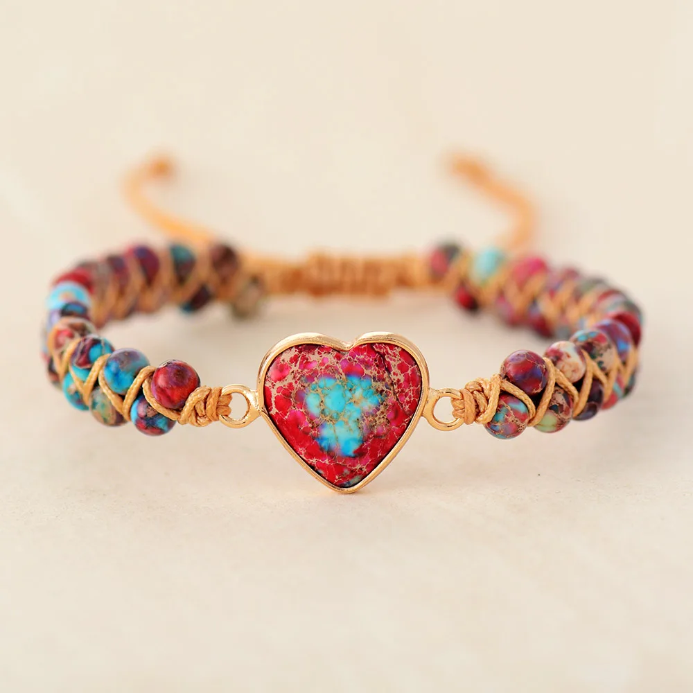 Natural Red Imperial Jasper Heart Charm Beads Double Braided