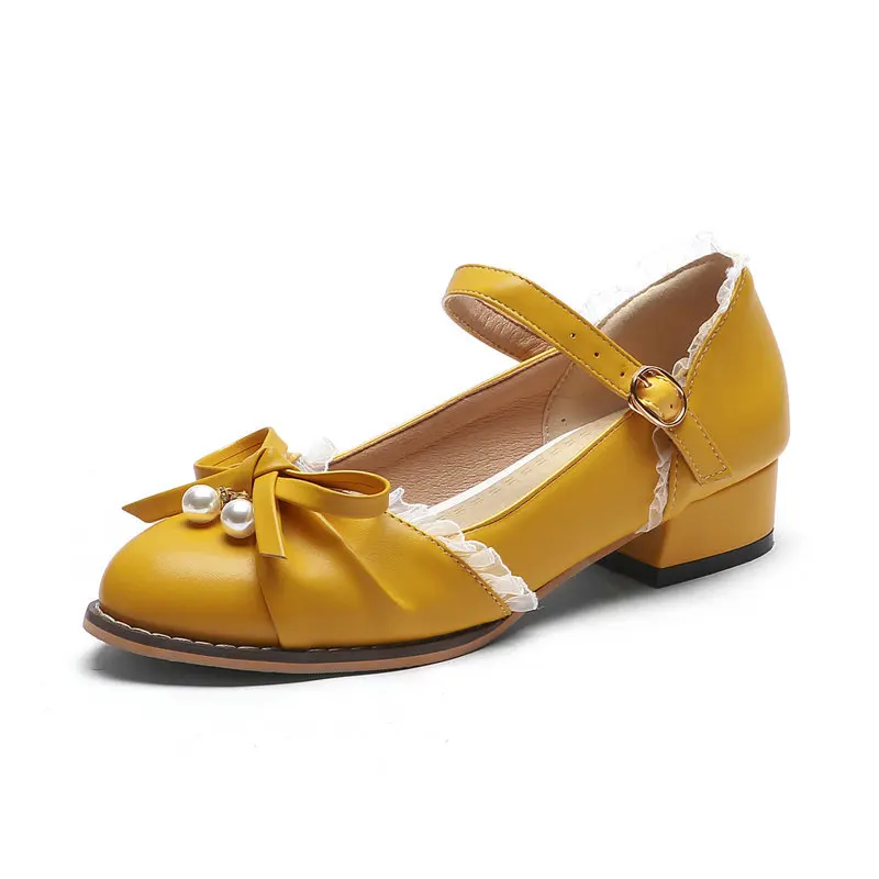 

Girls Leather Shoes Sweet Pearl Bow Low-heel Cosplay Princess Lolita Mary Jane Shoes Women Ankle Strap School Shoes Size 30-43