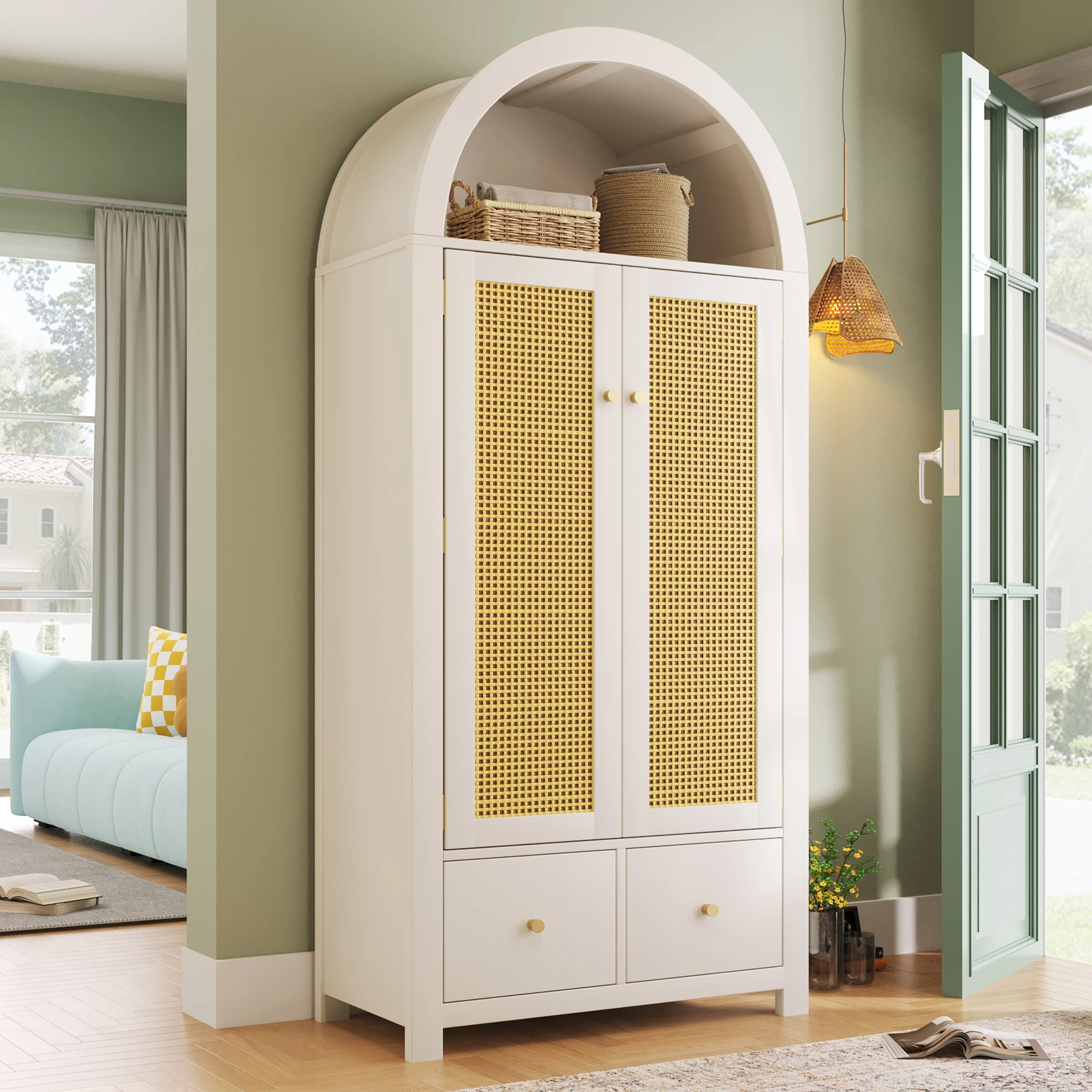 KOMHTOM Landhausstil Kleiderschrank 181x78x45 cm mit Rattanflechten 2 Türen mit Magnetverschluss 2 Schubladen Offene Halbrunde – Detail 7