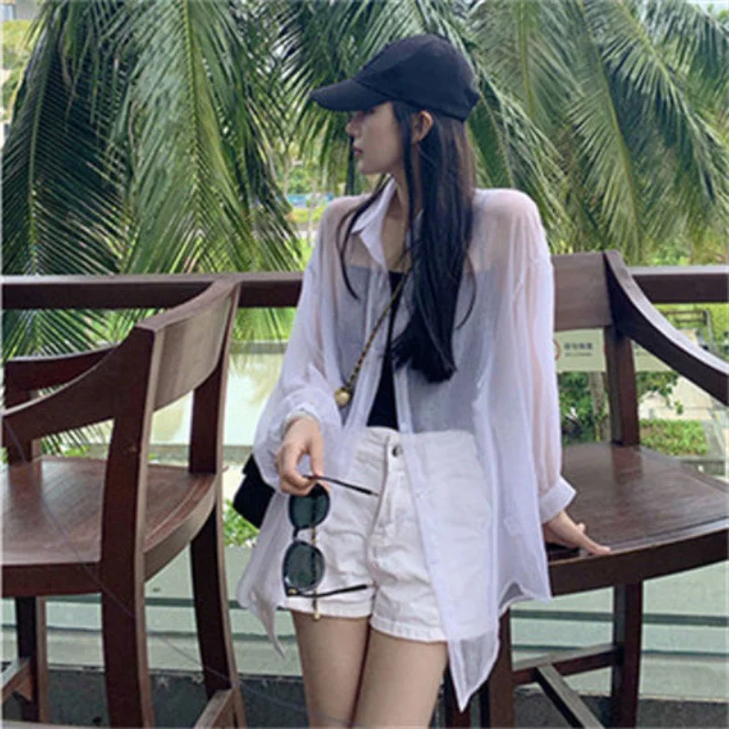 Bikini Cover Ups for Swimwear Women Sunscreen Clothing Cardigan Beach Wear Loose Semi-transparent Smock Chiffon Shirt Thin Coat