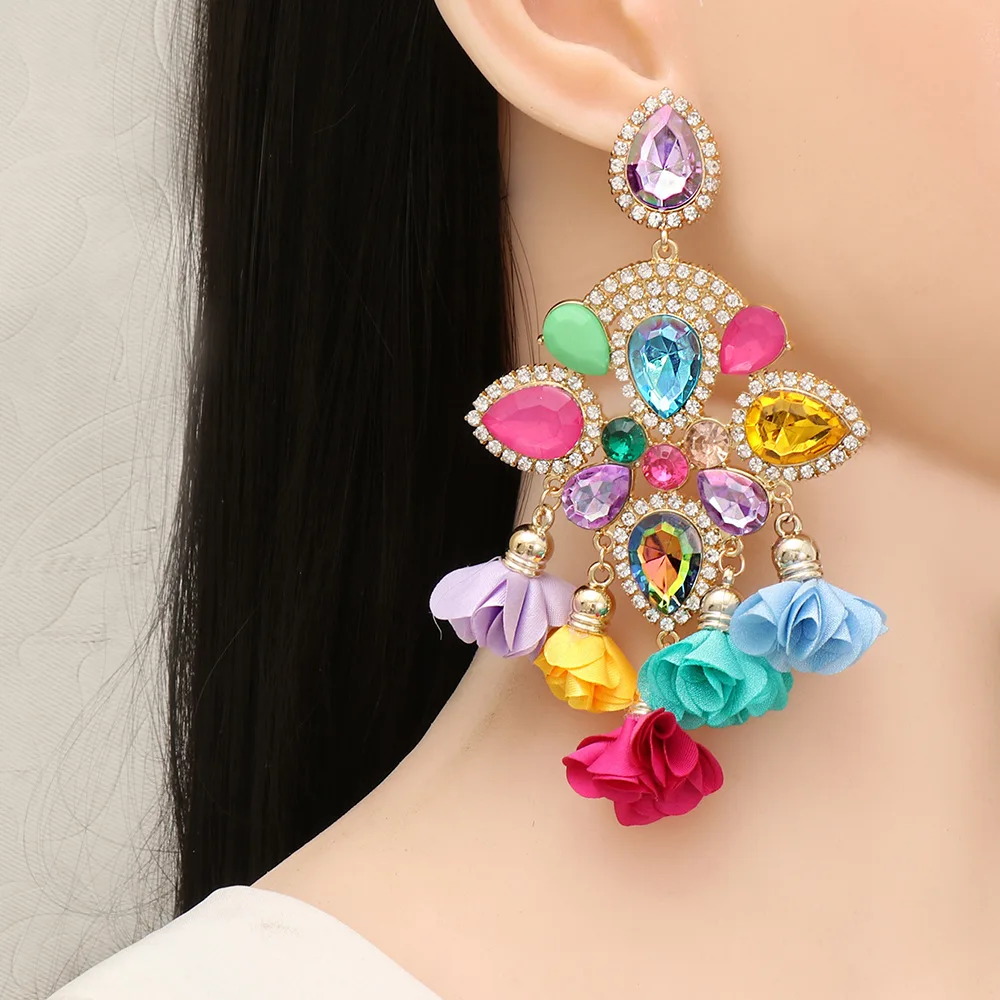 

Luxury Pageant Jewelry Big Boho Long Fringe Flower Crystal Rhinestone Statement Tassel Dangle Drop Chandelier Earrings for Women