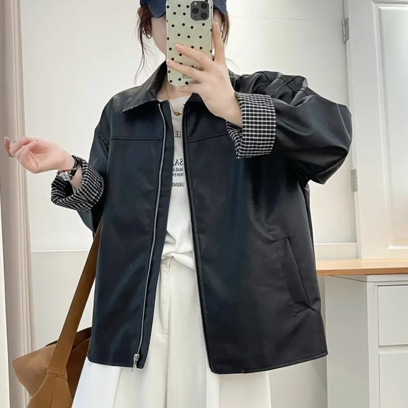 Fashion Plus Size Women's PU Leather Jacket Autumn New Style Plaid Cuffs Casual Loose Black Zipper Coat 2532