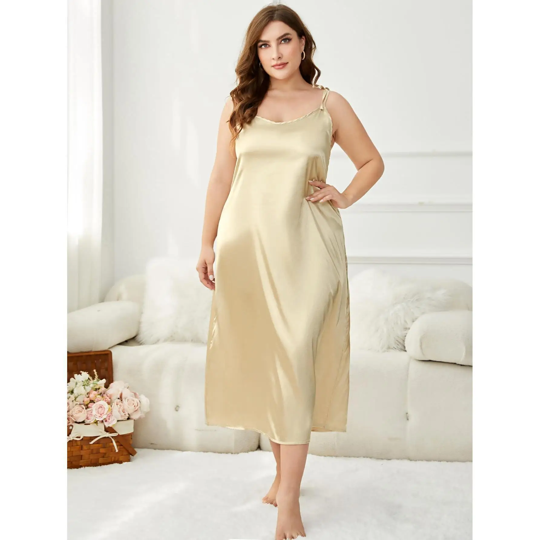 sleeping skirt female sexy loose nightwear v neck satin sleepwear long sleeve casual nightgown summer thin home dressing gown Large Size Women Summer Nightgown Home Set New V-Neck Sleeveless Spaghetti Strap Sexy Nightwear Female Loose Satin Pajama XL-4XL