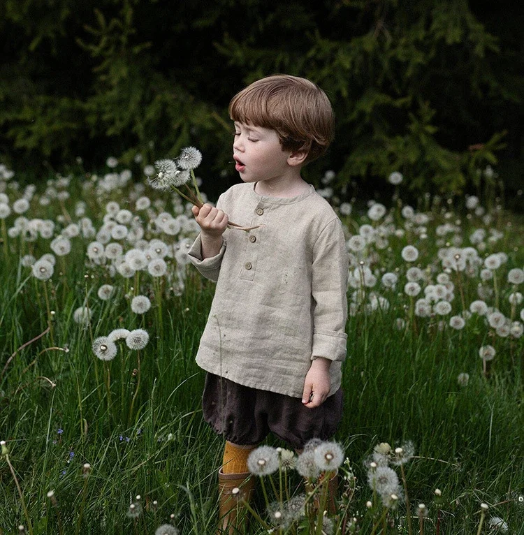 Autumn New Cotton and Linen Children Clothing Wooden Single Breasted Long Sleeved Shirt Cute Boys and Girls Baby Shirt