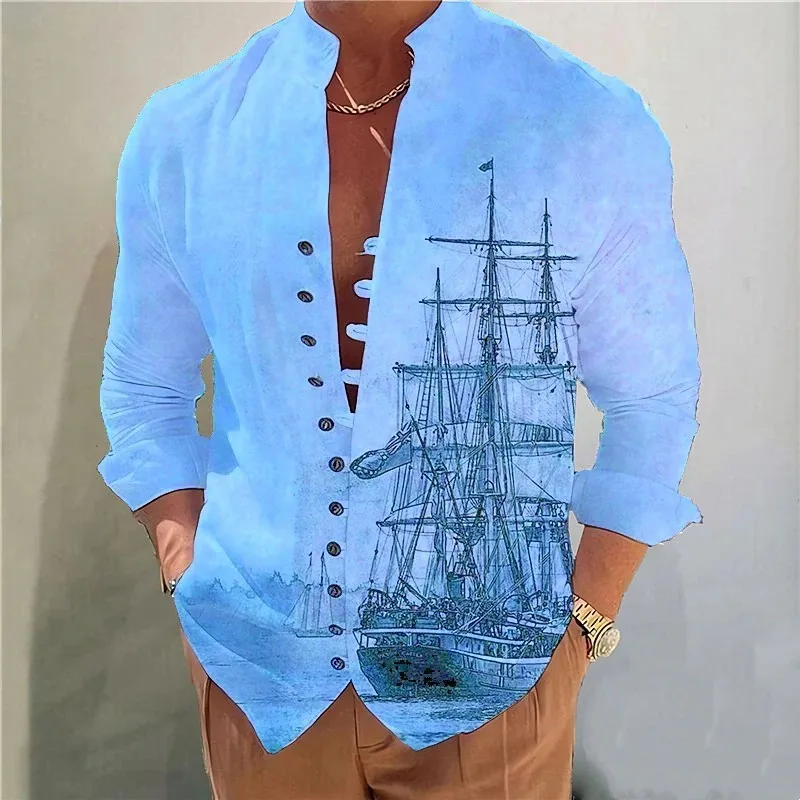

Spring and autumn explosive fashion menswear trend sailing print business slim casual shirt long sleeve shirt