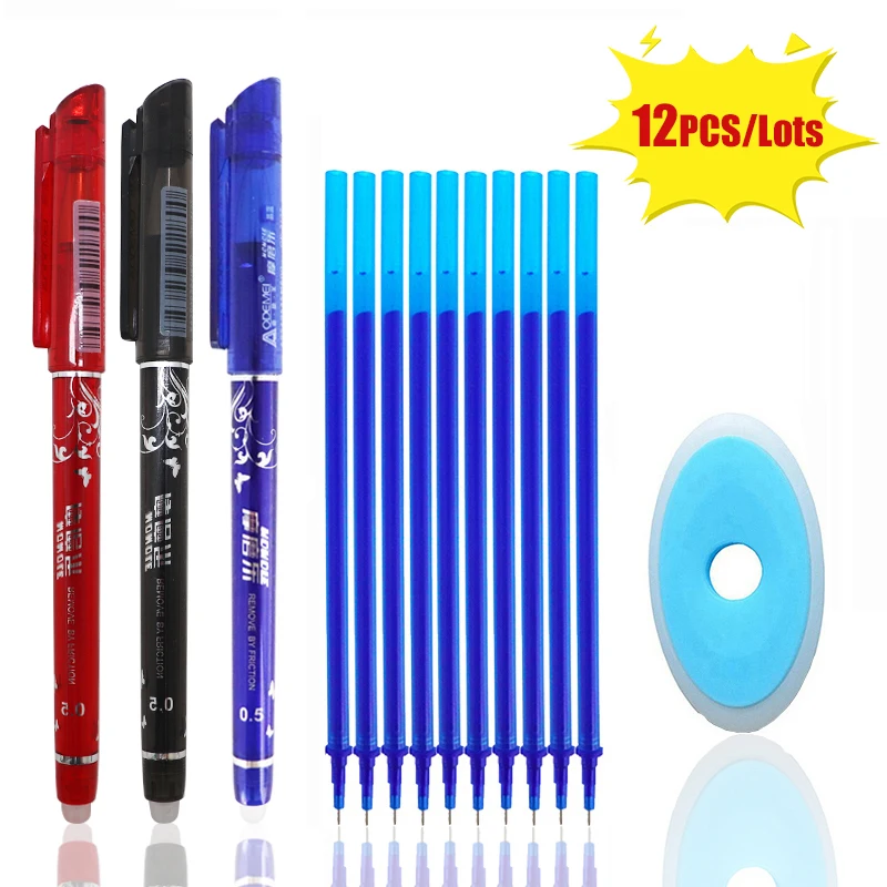 12 Pcs/Set Erasable Pen 0.5mm Refill Washable Handle Rod Blue/Black/Red Ink Gel Pen for School Office Writing Supply Stationery
