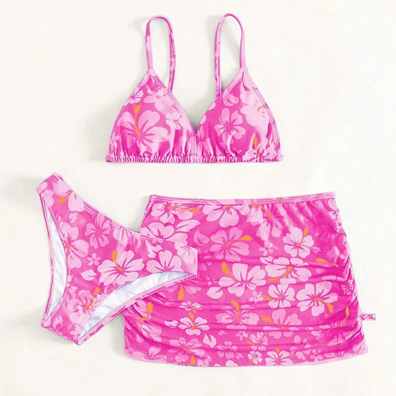 Girl's 3 Piece High Waisted Ruffle Trim Swimsuit Bikini Sets with Beach Skirt 8-13T children swimsuit