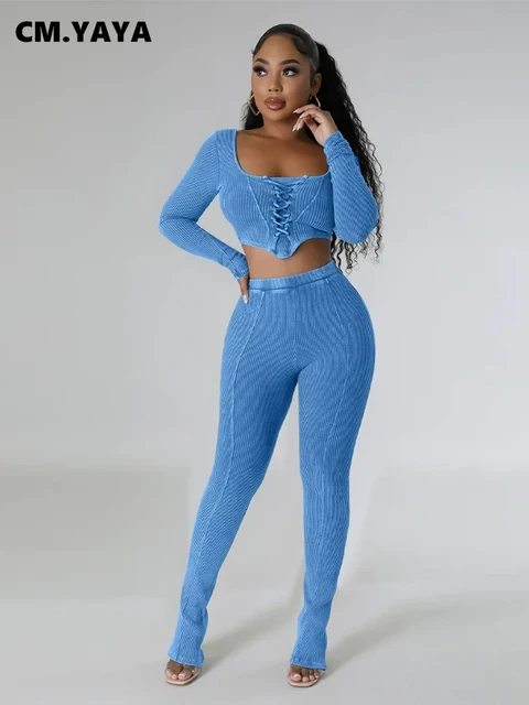 CM.YAYA Fashion Knit Ribbed Women's Set Long Sleeve Lace Up Sweater and  Flare Pants 2023 Active Two 2 Piece Set Outfit Tracksuit - AliExpress