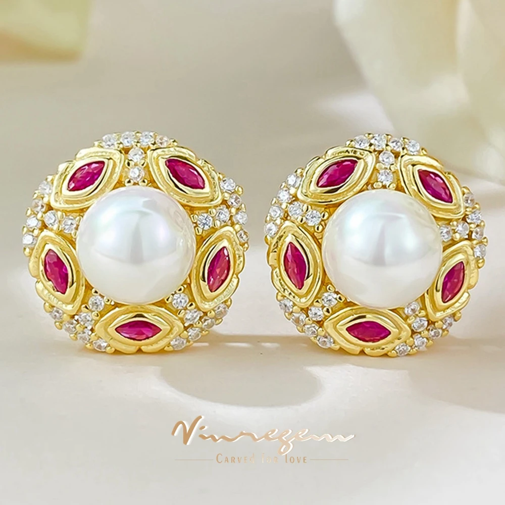 

Vinregem 7 MM Pearl High Carbon Diamond Gems Stud Earrings for Women Vintage 18K Gold Plated 925 Sterling Silver Fine Jewelry