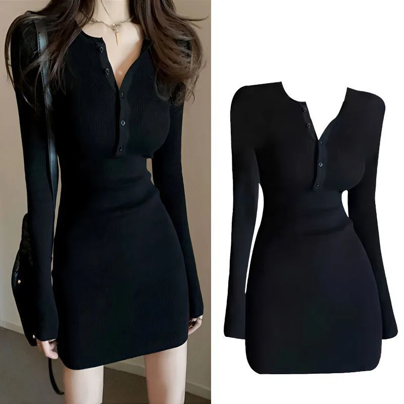 

Long Sleeve Dresses Women Mini Bodycon Solid Color V-Neck Hip Dress Slim Tight Sexy Hip Skirt Korean Fashion