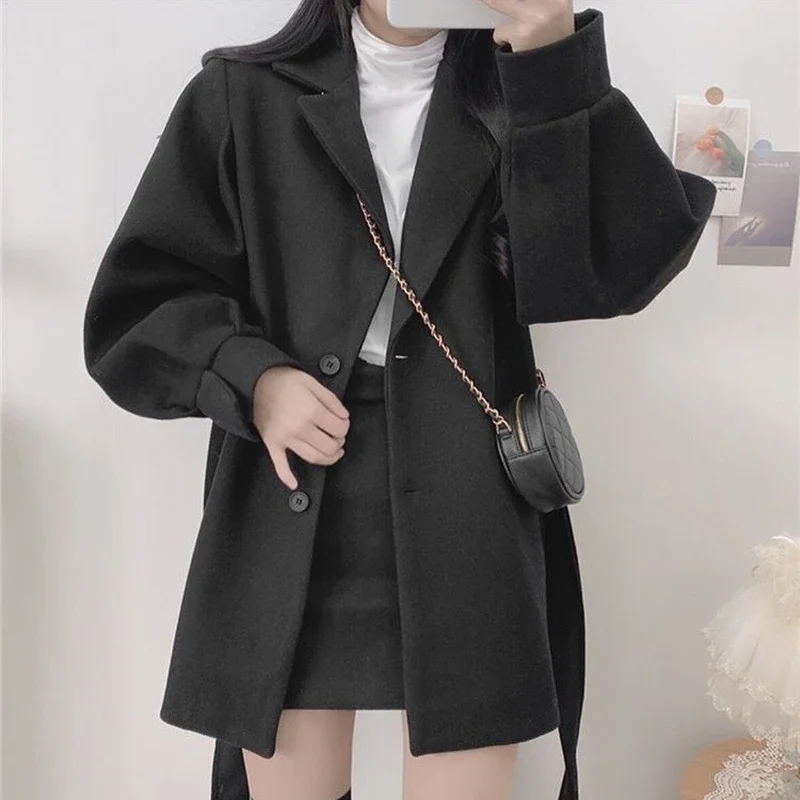 Lapel Jacket Women's Belt Slim Korean Jacket All-match Women's Fashion Fall Winter Wool Blended Black Long Sleeve