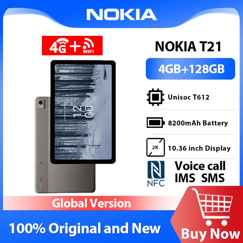 Global Version Nokia T21 Voice call Tablet PC 4GB RAM 128GB ROM 4G WiFi NFC Unisoc T612 10.36 inch 8200mAh 8MP Camera Android 12 global version nokia g42 4gb ram 128gb rom snapdragon 480 5g nfc android 13 90hz refresh 6 56 inch 5000mah 50mp triple camera