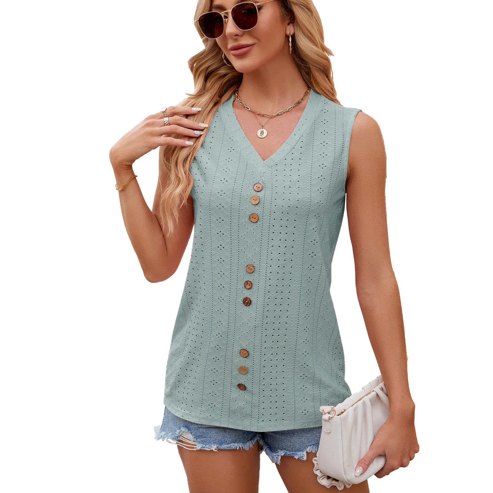 

Women's Sleeveless Tank Tops, Hollow Out Tops, V Neck, Summer