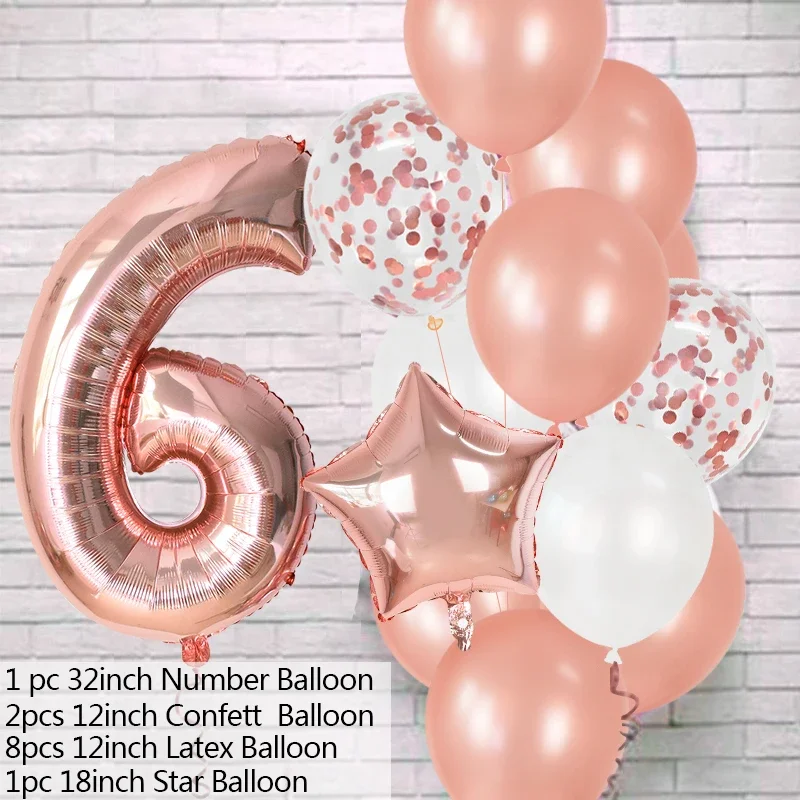 

12Pcs Rose Gold Number Foil Latex Balloons Kids Adult Birthday Party Decoration 1st Birthday Gril Boy Decor Baby Shower Balloon