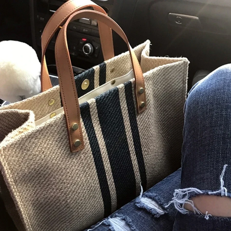

Simple Fashion Large Canvas Handbag For Women Vintage Striped Tote Bag Female Portable Ol Business Briefcase Korean Style