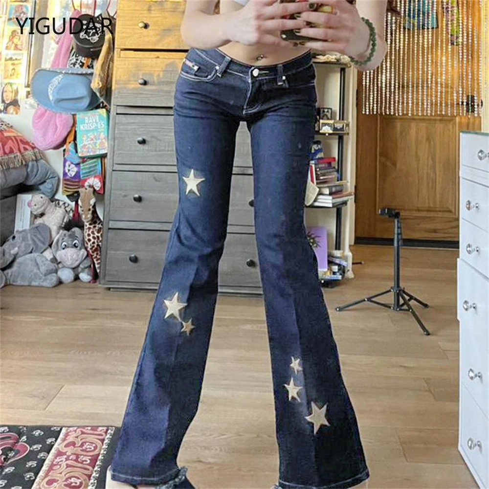 Star Gedrukt Streetwear Y2K Jeans Vrouw Vintage Lage Taille Blauw Denim Skinny Flare Jeans Vrouwen Low Rise Grunge | - AliExpress