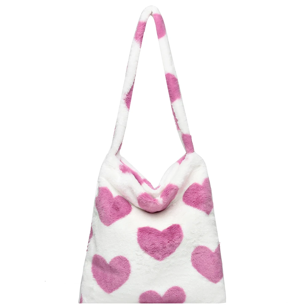 Women's Bag Plush Leopard Love Heart Pattern Underarm Shoulder Bag Autumn Winter Ladies Large Capacity  Shopper Tote Handbags 