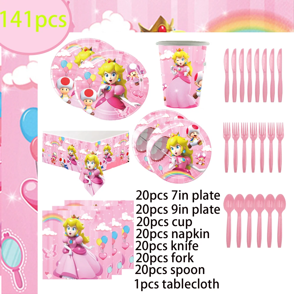 

141 Piece set of Princess Peach Party Cup Plate Napkin Tablecloth Cutlery Suitable for 20 Guests Disposable Party Decor Supplies