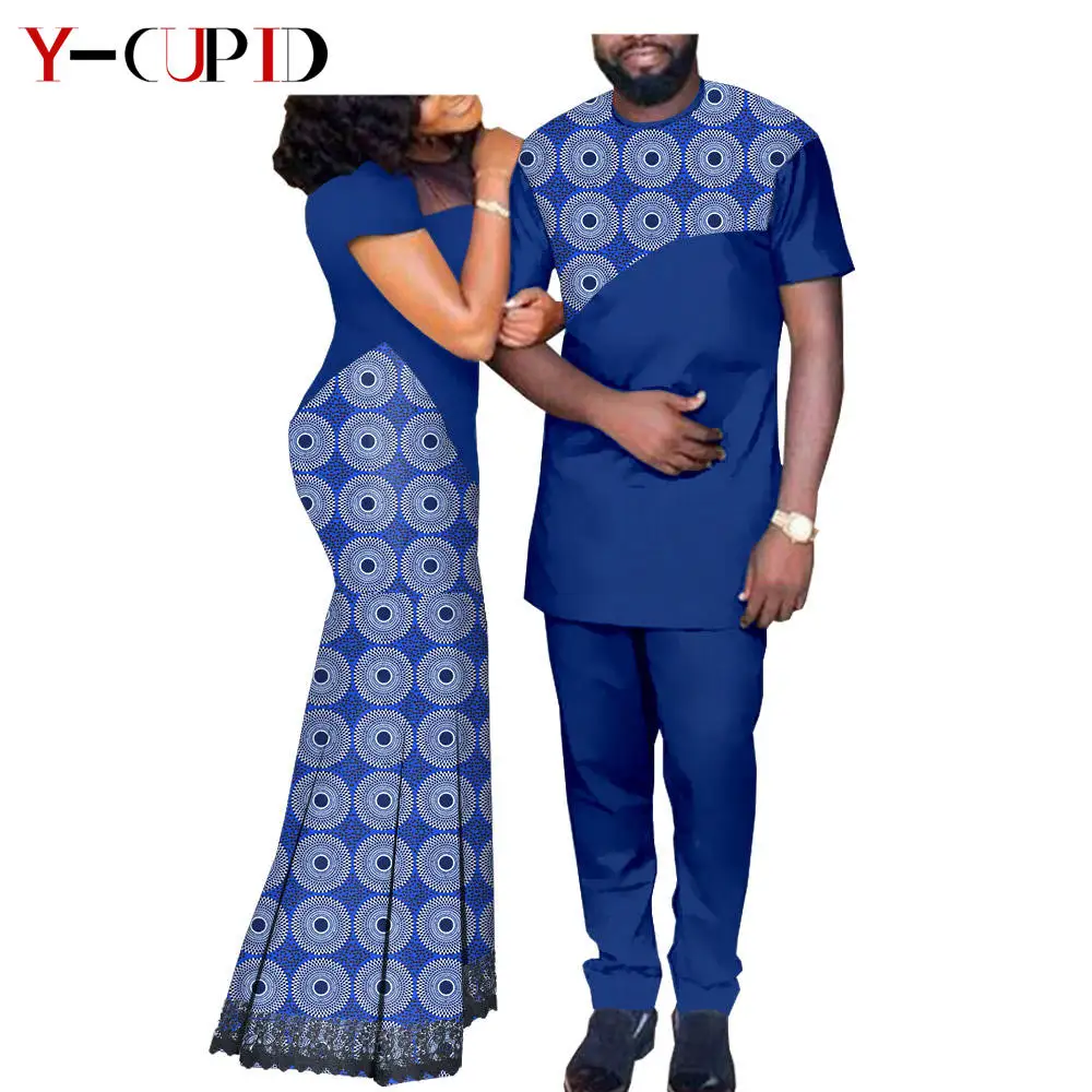 African Matching Outfit for Couples Bazin Riche Women Lace Long