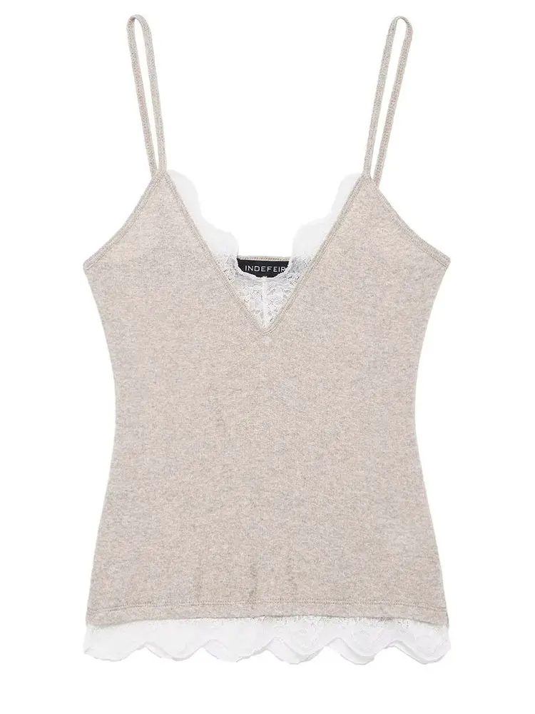 HH Women Lace Splicing Strap Tops Sexy Slim V Neck Sleeveless Tank Top Basic Solid  Fashion High Street Lady Thin Camisole Top